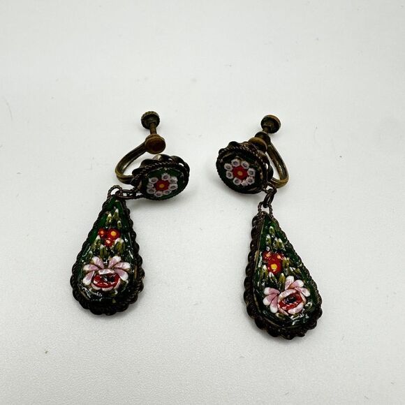 SALE! Vintage micro mosaic “made in Italy” brass screw back dangle earrings! - Picture 8 of 10